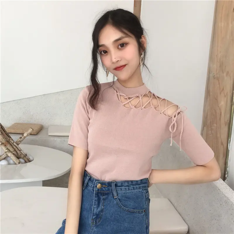 Black Hollow Strap Shoulder Knit Top Slim Fit Women — feature 13