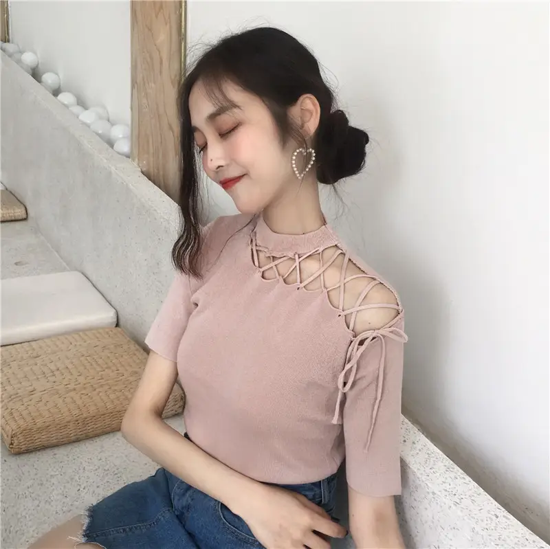 Black Hollow Strap Shoulder Knit Top Slim Fit Women — feature 14