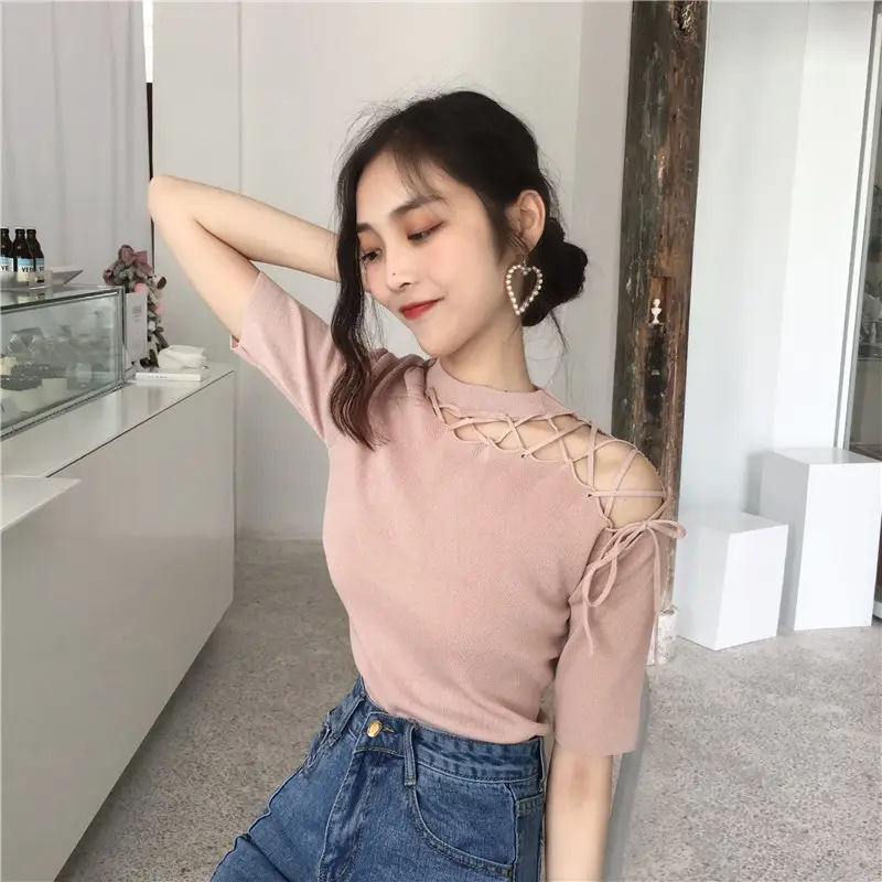Black Hollow Strap Shoulder Knit Top Slim Fit Women — feature 16