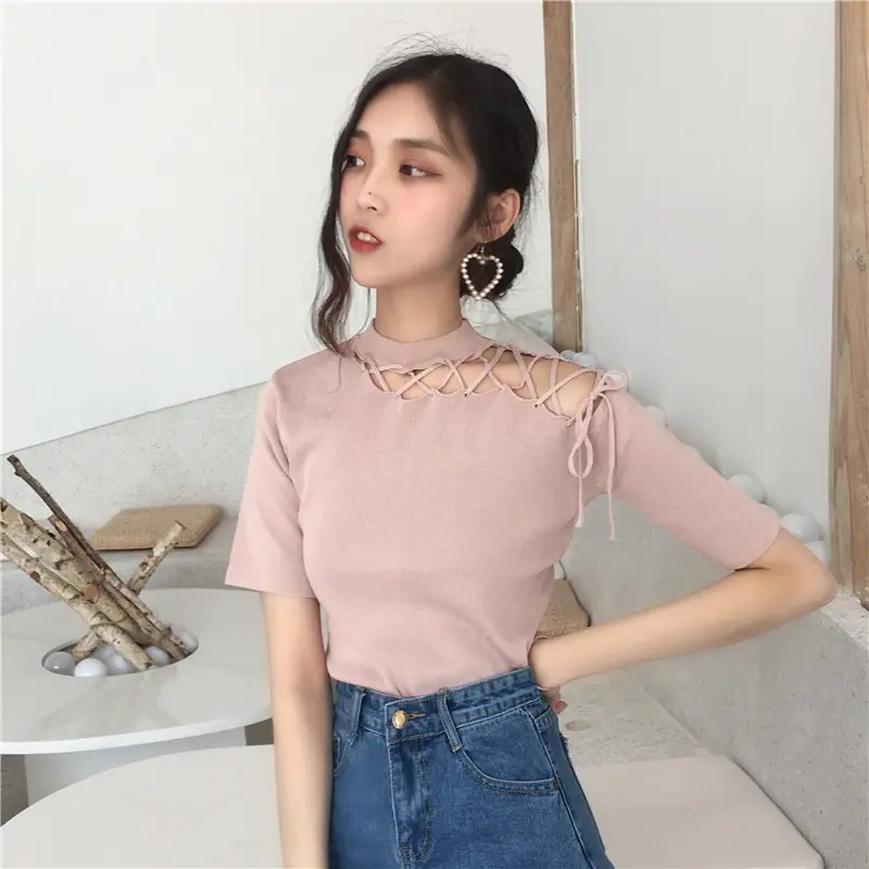 Black Hollow Strap Shoulder Knit Top Slim Fit Women — feature 19