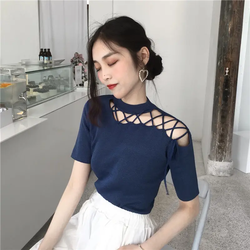Black Hollow Strap Shoulder Knit Top Slim Fit Women — feature 2
