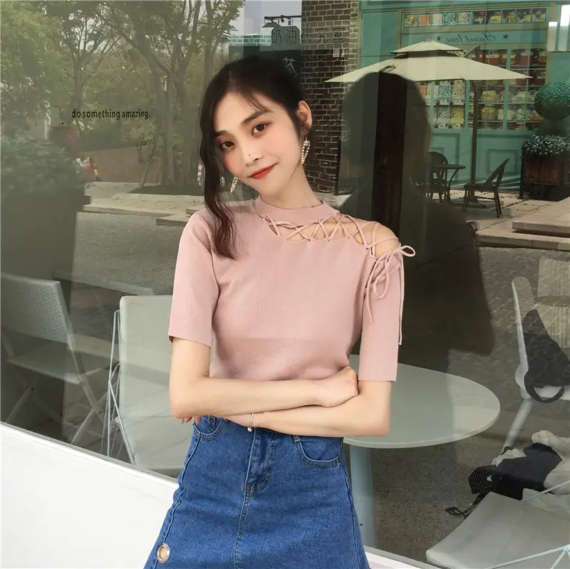 Black Hollow Strap Shoulder Knit Top Slim Fit Women — feature 21