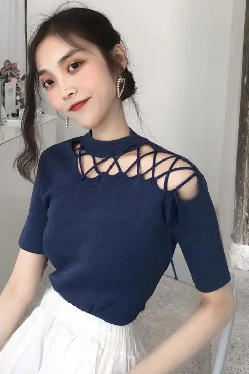 Black Hollow Strap Shoulder Knit Top Slim Fit Women — feature 22