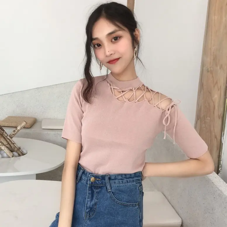 Black Hollow Strap Shoulder Knit Top Slim Fit Women — feature 23