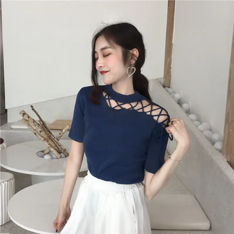 Black Hollow Strap Shoulder Knit Top Slim Fit Women — feature 6