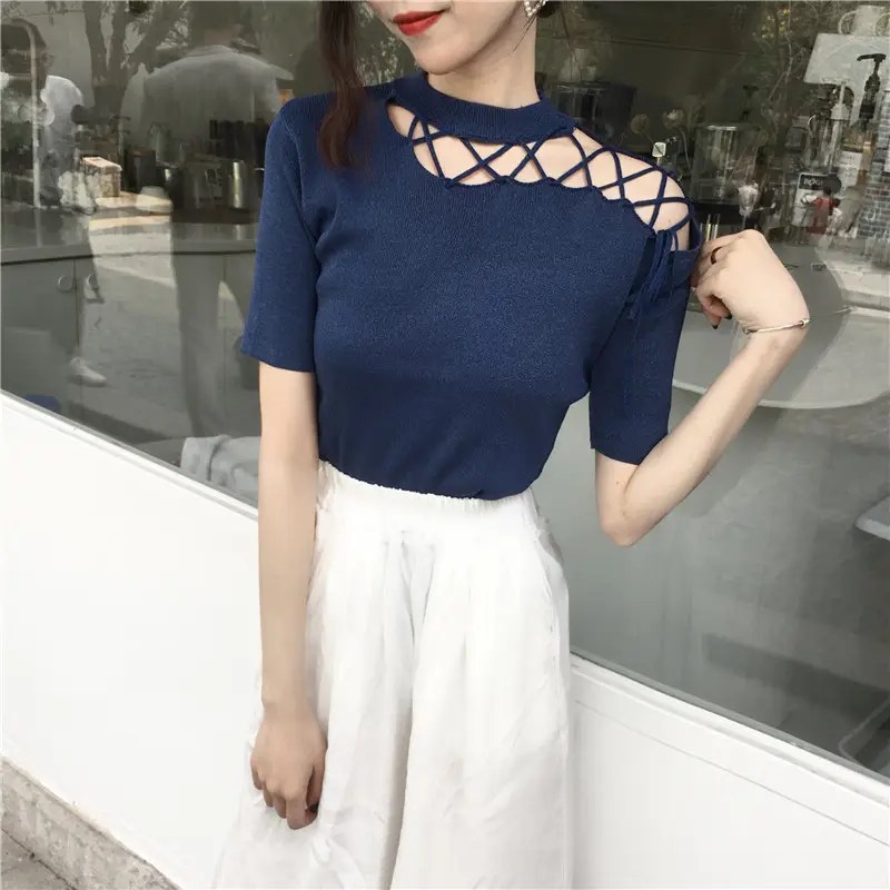 Black Hollow Strap Shoulder Knit Top Slim Fit Women — feature 7