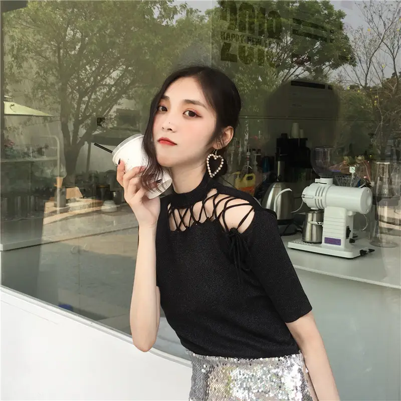 Black Hollow Strap Shoulder Knit Top Slim Fit Women — feature 8