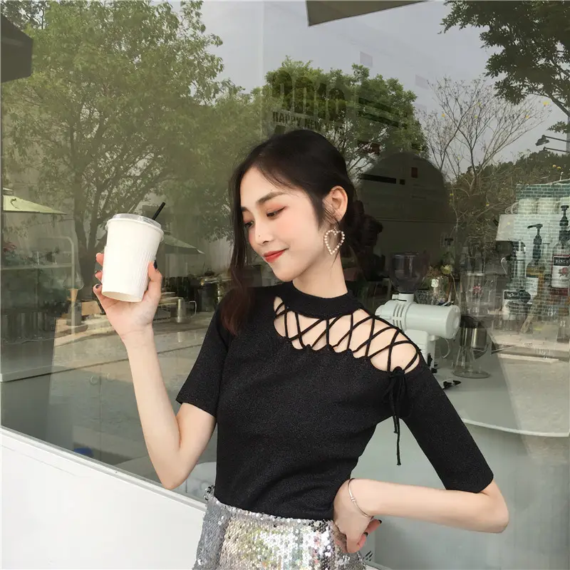 Black Hollow Strap Shoulder Knit Top Slim Fit Women — feature 9
