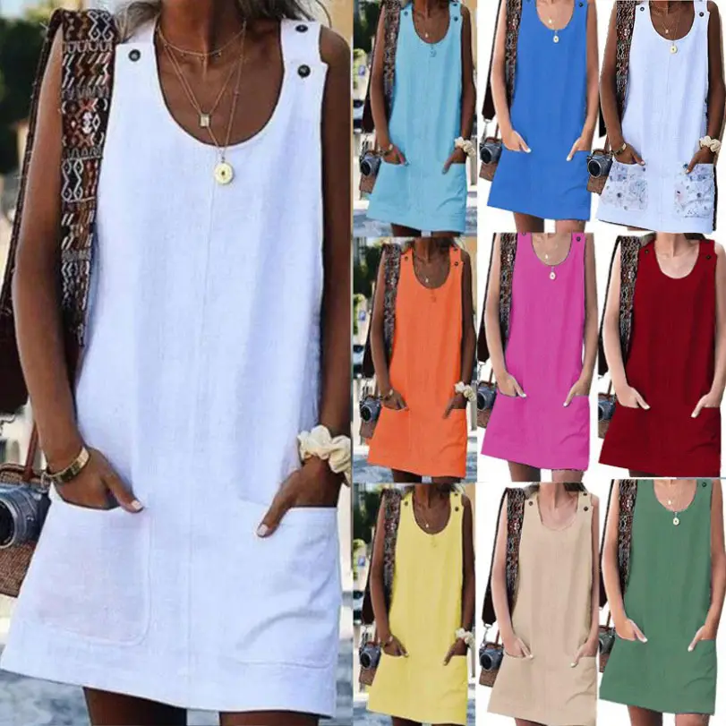 Women Cotton Linen Pocket Button Strap Dress Multi Color - Image 3