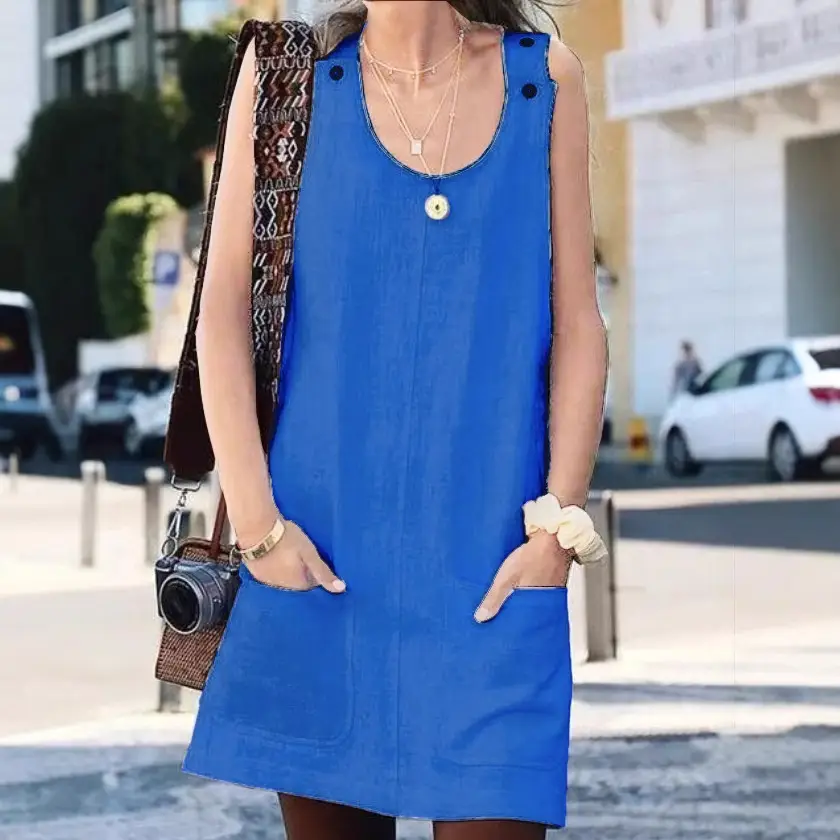 Women Cotton Linen Pocket Button Strap Dress Multi Color - Image 4