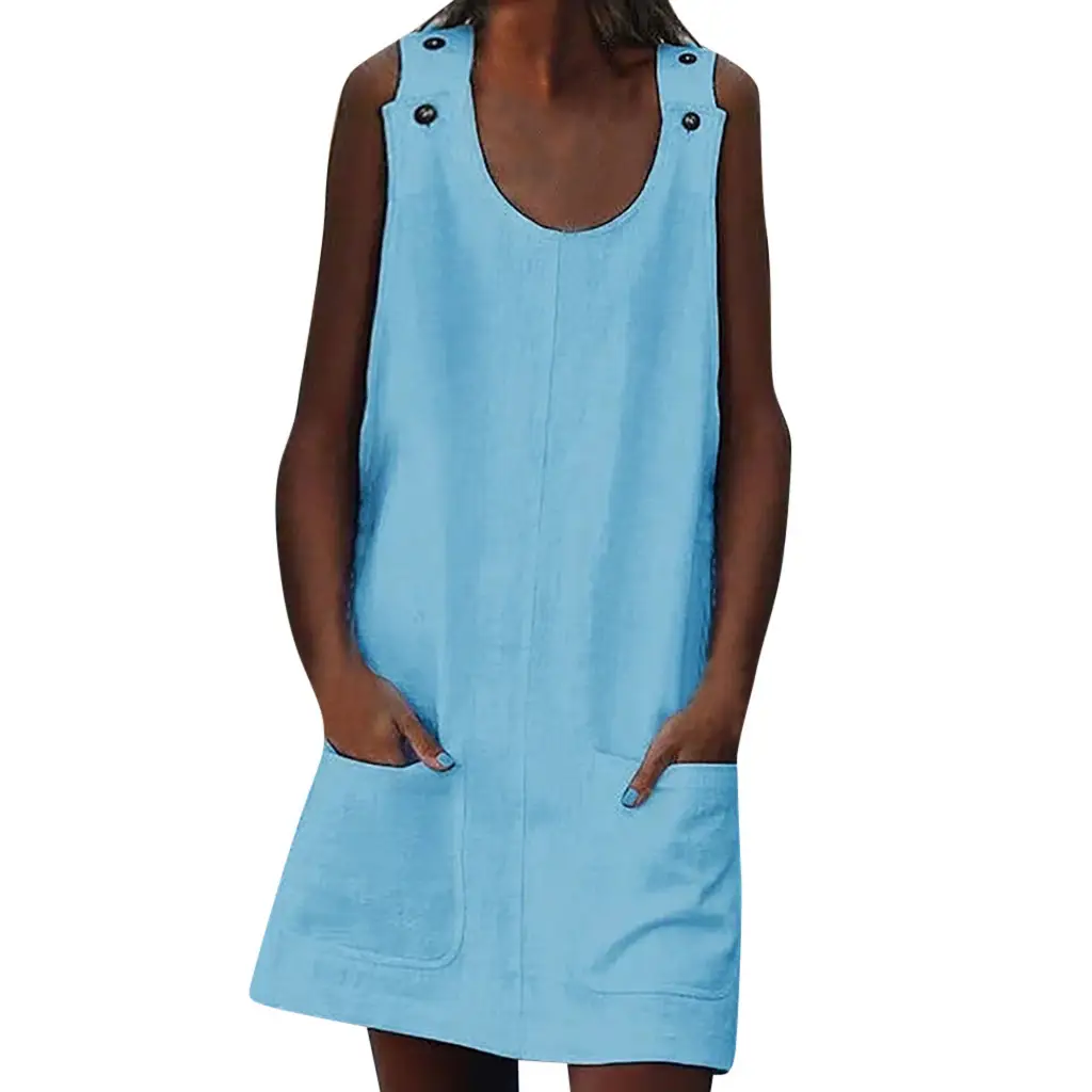 Women Cotton Linen Pocket Button Strap Dress Multi Color - Image 6