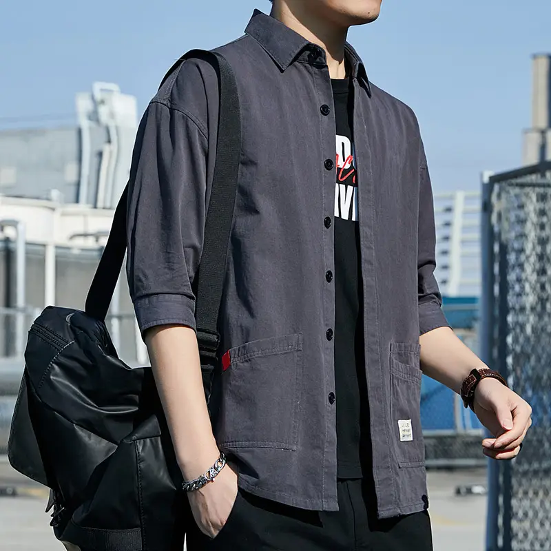 Men Pure Cotton Seven Point Shirt Tan Korean Style - Image 2