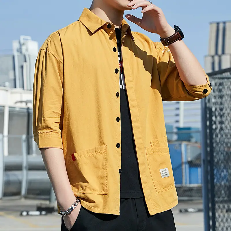 Men Pure Cotton Seven Point Shirt Tan Korean Style - Image 5