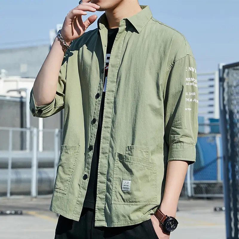 Men Pure Cotton Seven Point Shirt Tan Korean Style - Image 3
