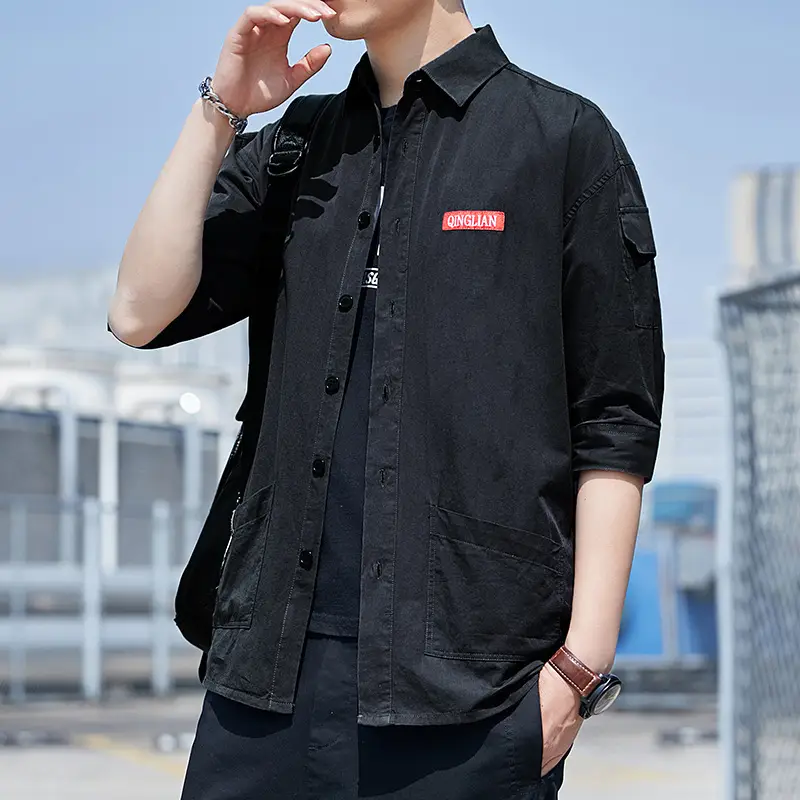 Men Pure Cotton Seven Point Shirt Tan Korean Style - Image 10