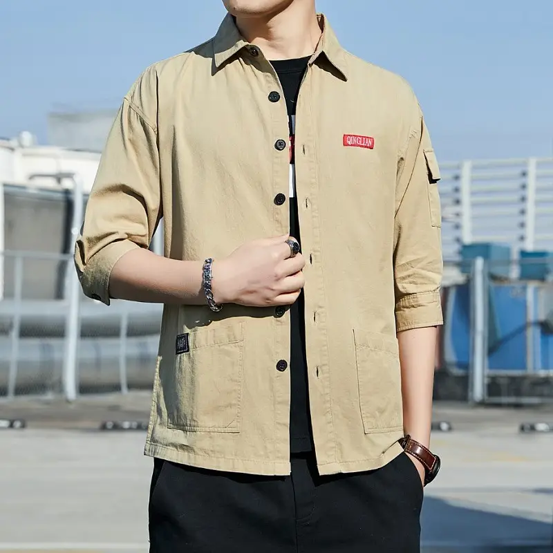 Men Pure Cotton Seven Point Shirt Tan Korean Style - Image 6