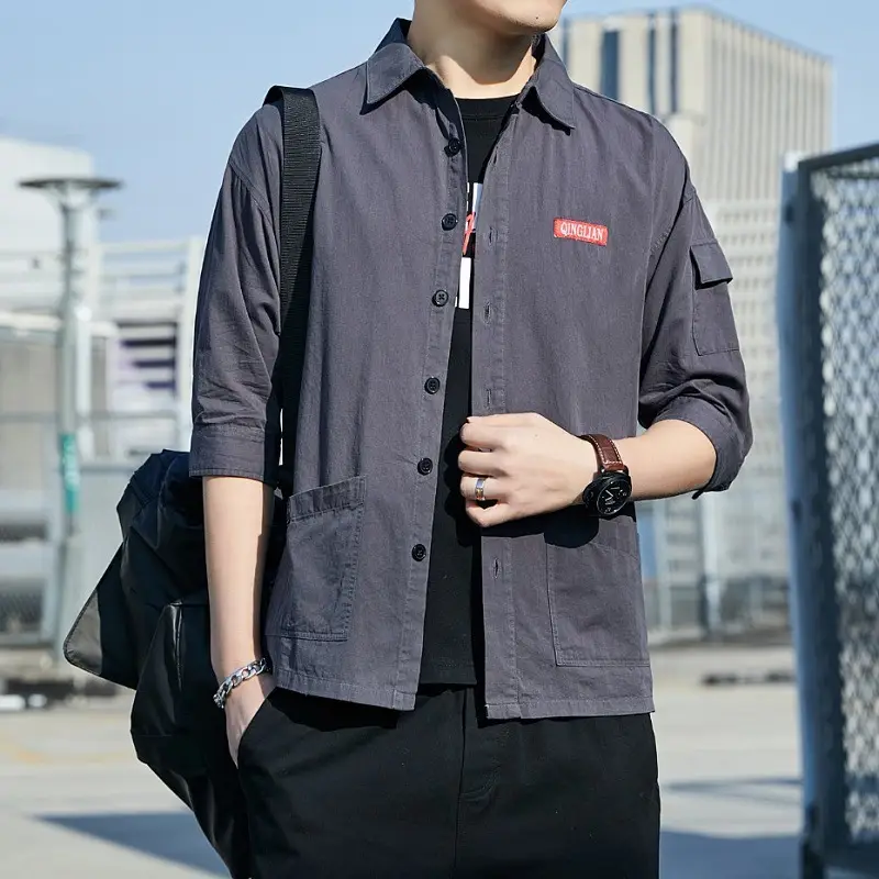 Men Pure Cotton Seven Point Shirt Tan Korean Style - Image 7