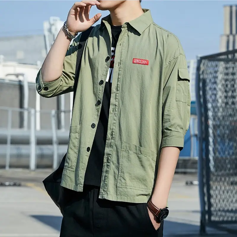 Men Pure Cotton Seven Point Shirt Tan Korean Style - Image 8