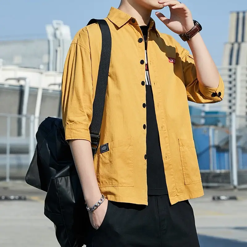 Men Pure Cotton Seven Point Shirt Tan Korean Style - Image 9