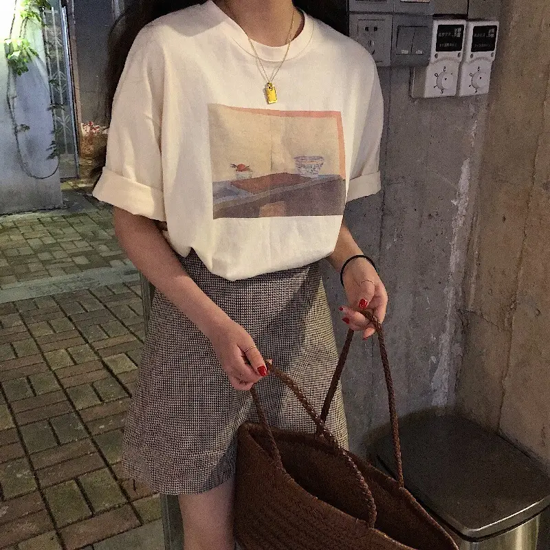 Women 2023 Summer Loose T-Shirt Round Neck Short Sleeve - Image 4