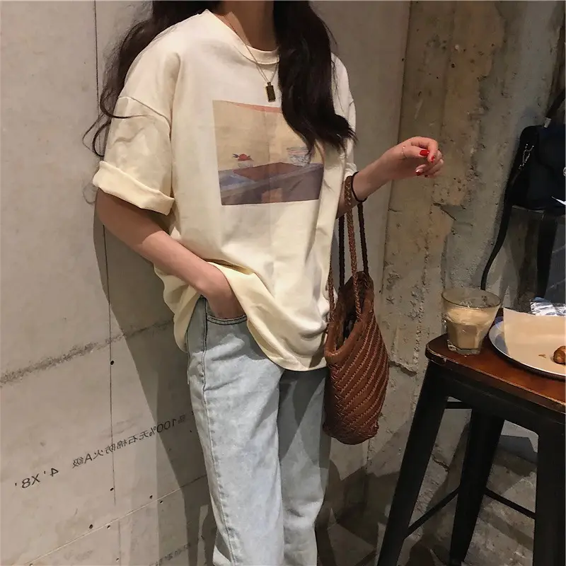 Women 2023 Summer Loose T-Shirt Round Neck Short Sleeve - Image 5