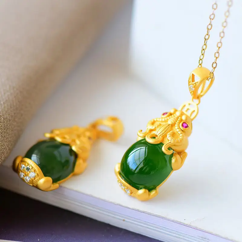 Vietnam Sand Gold Necklace with Hotan Jasper & Pixiu Pendant - Image 2