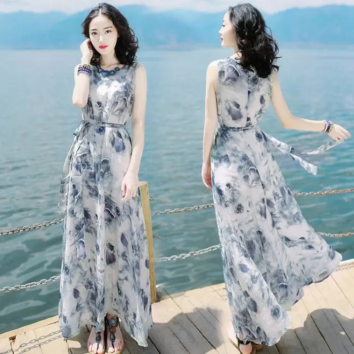 Women's Long Skirt Dress Blue Floral Silk Set - Image 2