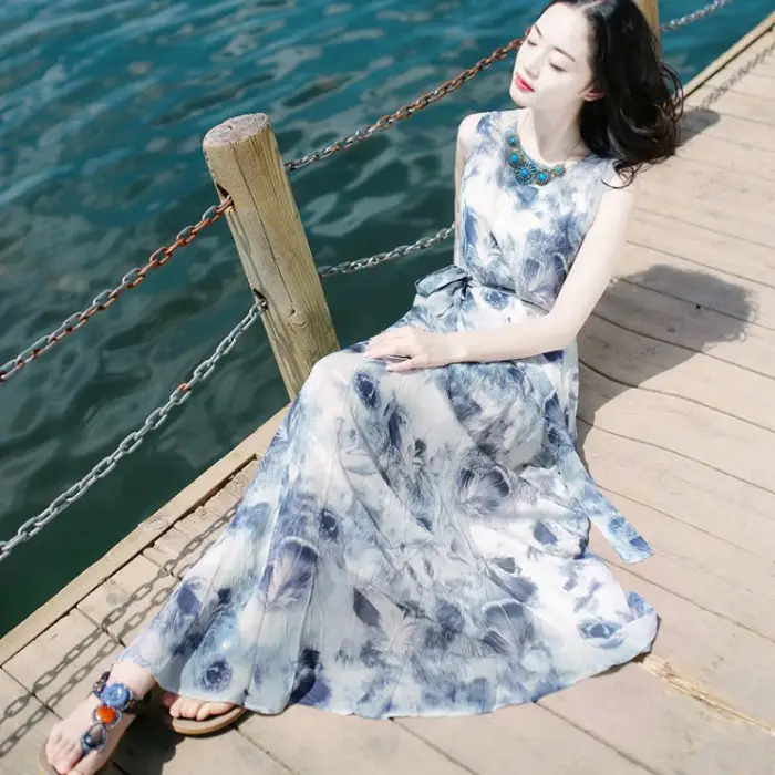 Women's Long Skirt Dress Blue Floral Silk Set - Image 3