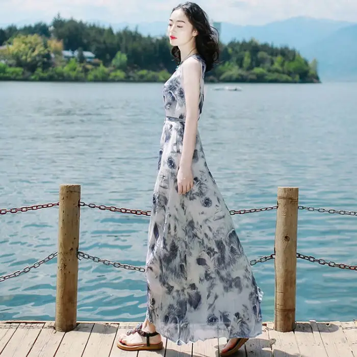 Women's Long Skirt Dress Blue Floral Silk Set - Image 4