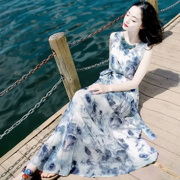 Women's Long Skirt Dress Blue Floral Silk Set - Image 5