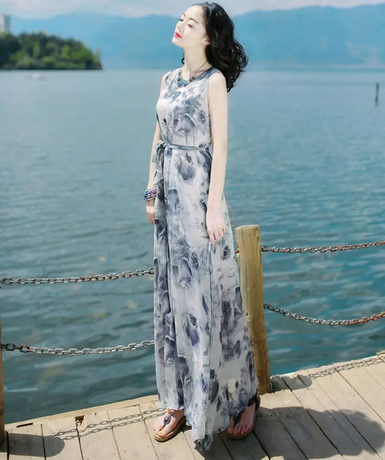 Women's Long Skirt Dress Blue Floral Silk Set — feature 10