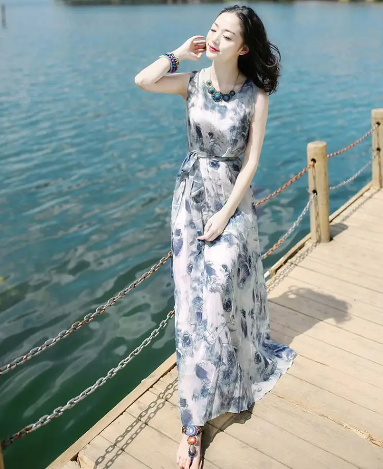 Women's Long Skirt Dress Blue Floral Silk Set — feature 11