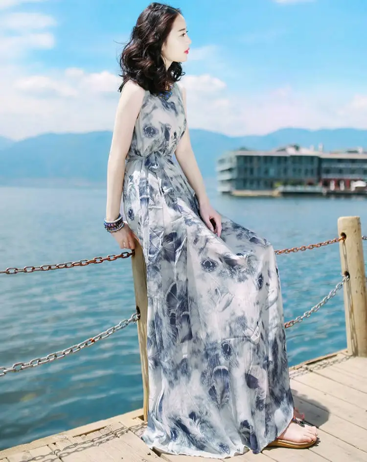 Women's Long Skirt Dress Blue Floral Silk Set — feature 12