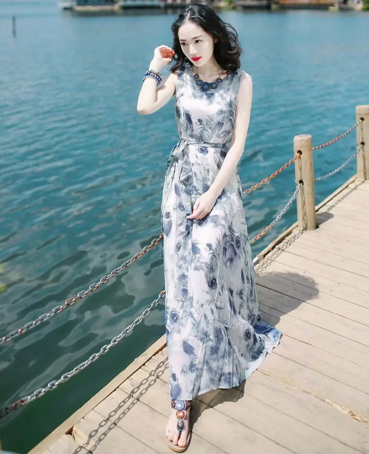 Women's Long Skirt Dress Blue Floral Silk Set — feature 13