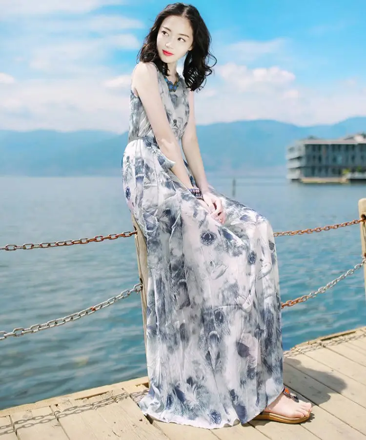 Women's Long Skirt Dress Blue Floral Silk Set — feature 14