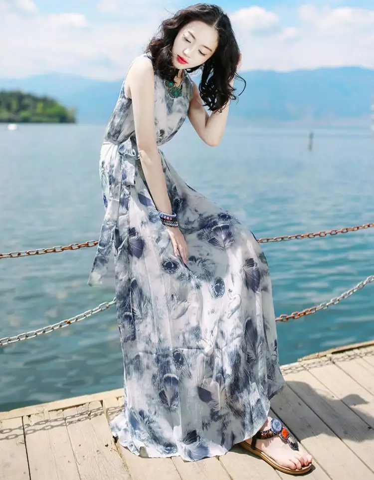 Women's Long Skirt Dress Blue Floral Silk Set — feature 15