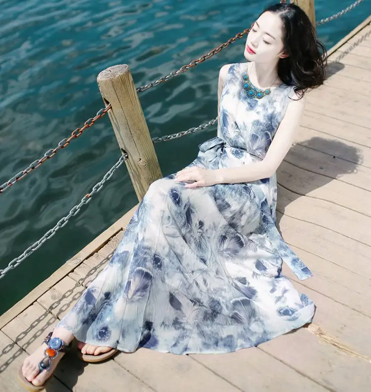 Women's Long Skirt Dress Blue Floral Silk Set — feature 16