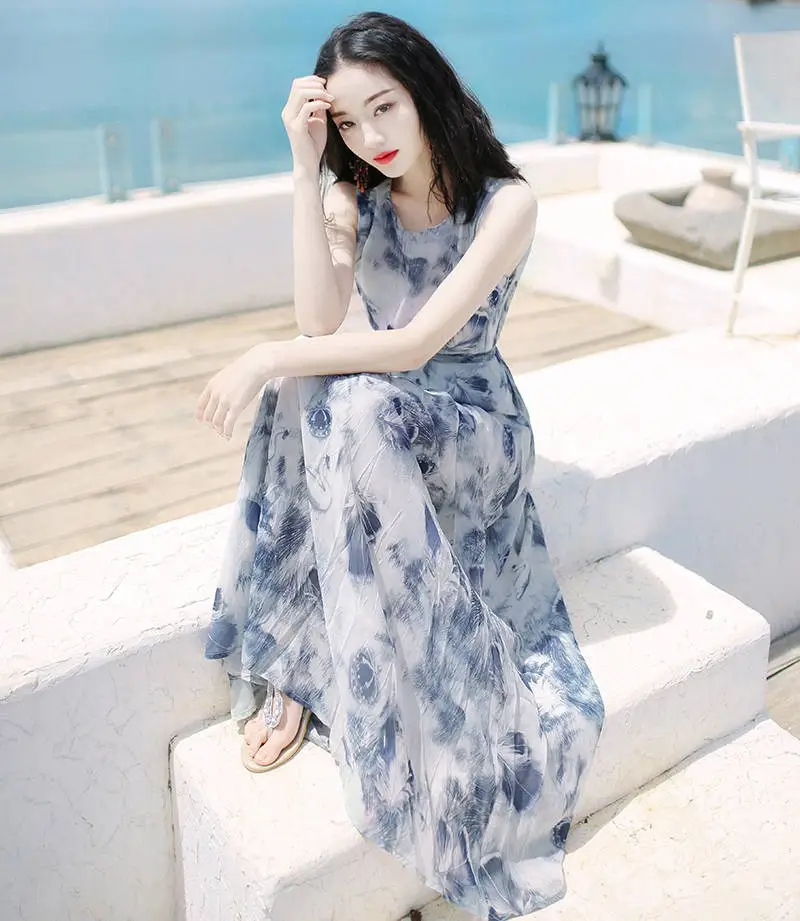 Women's Long Skirt Dress Blue Floral Silk Set — feature 17