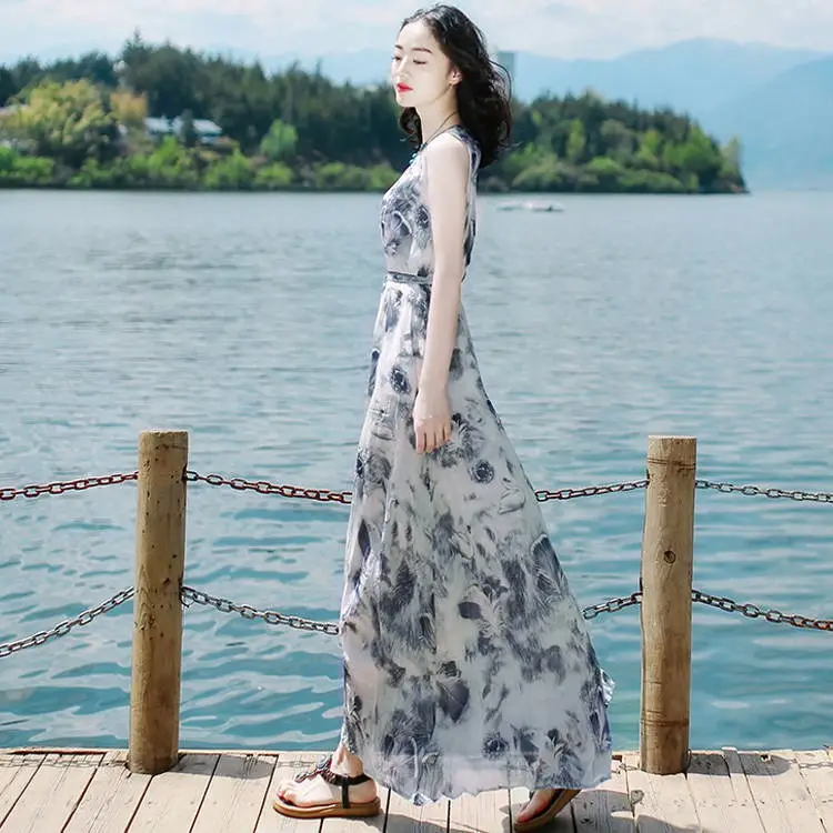 Women's Long Skirt Dress Blue Floral Silk Set — feature 18