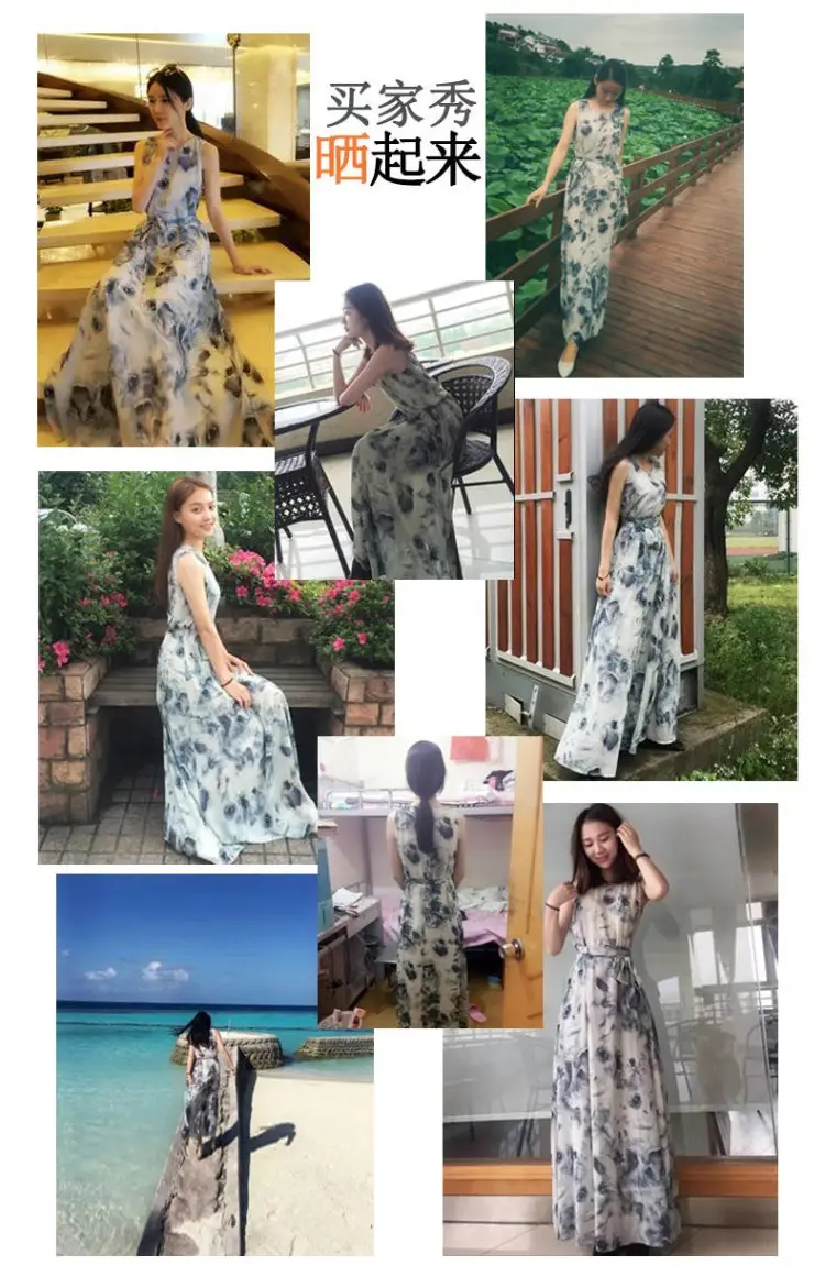 Women's Long Skirt Dress Blue Floral Silk Set — feature 2