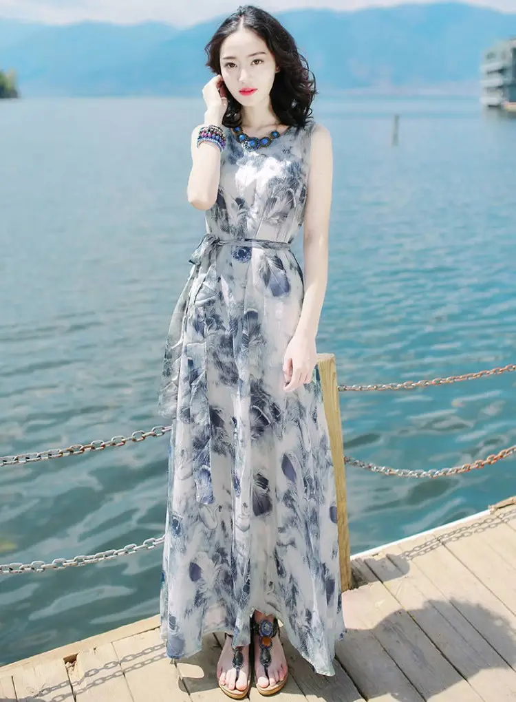 Women's Long Skirt Dress Blue Floral Silk Set — feature 4