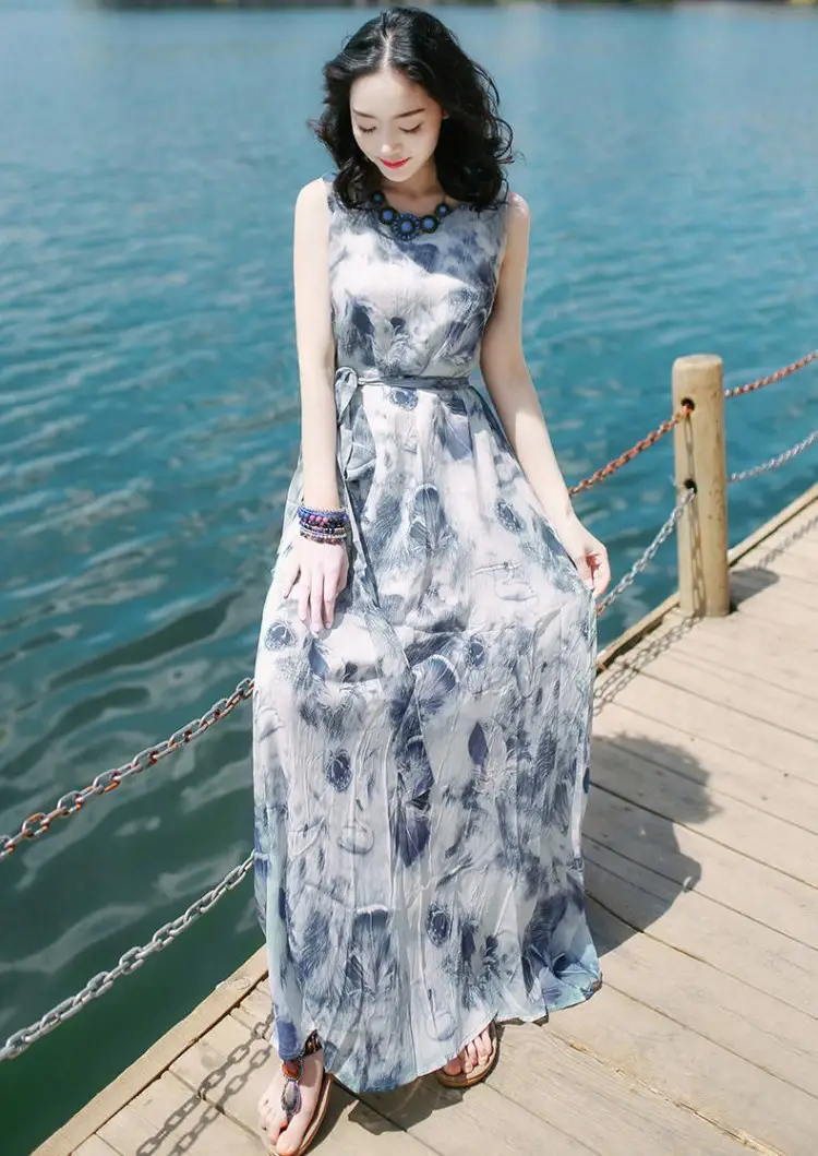 Women's Long Skirt Dress Blue Floral Silk Set — feature 5