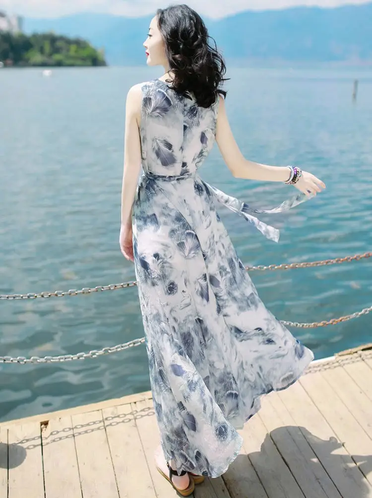 Women's Long Skirt Dress Blue Floral Silk Set — feature 6