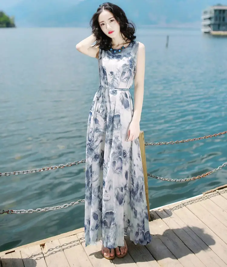 Women's Long Skirt Dress Blue Floral Silk Set — feature 7