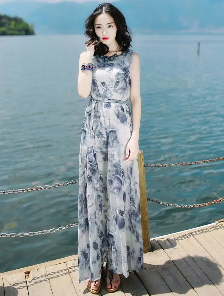 Women's Long Skirt Dress Blue Floral Silk Set — feature 8