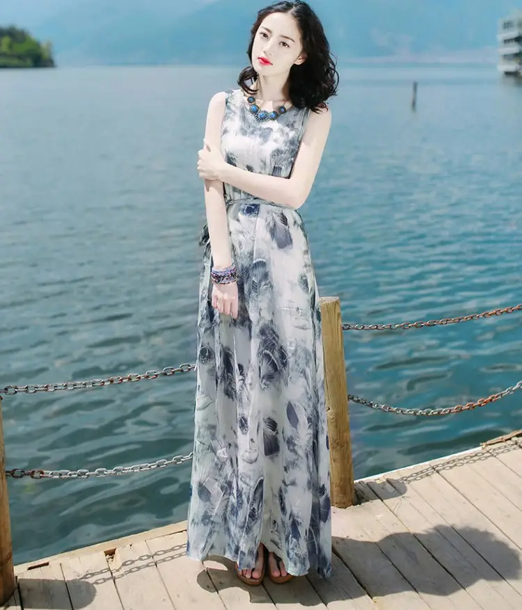 Women's Long Skirt Dress Blue Floral Silk Set — feature 9