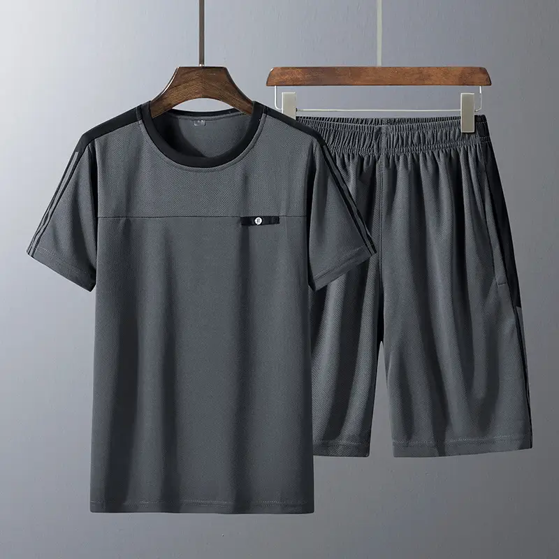 Men Grey Mesh T-Shirt Shorts Set - Image 2