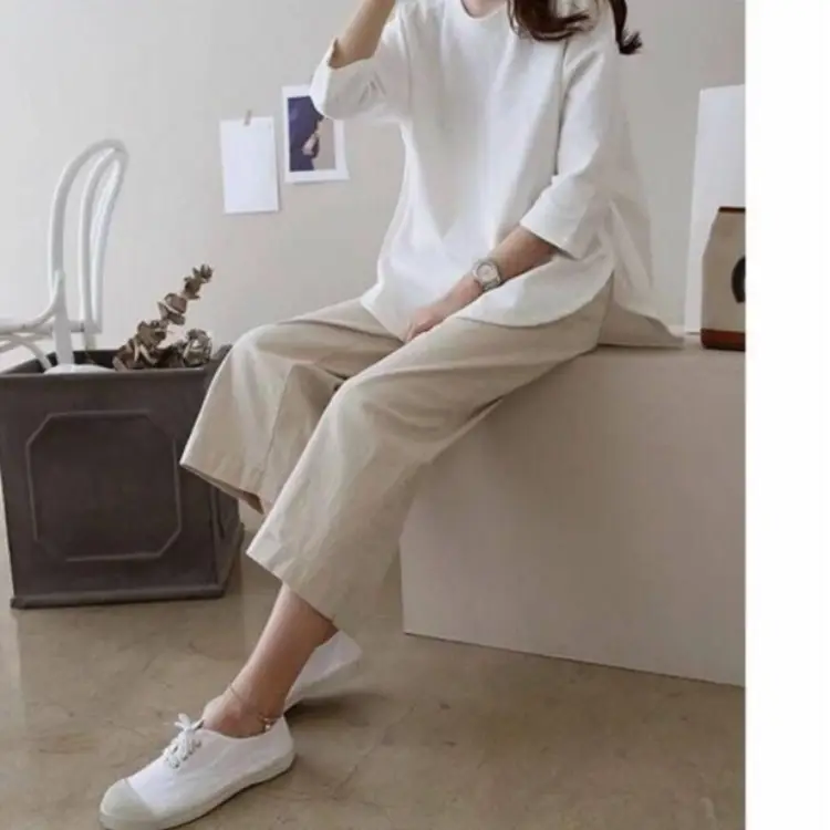 Women Linen Wide Leg Ankle Pants Summer Casual