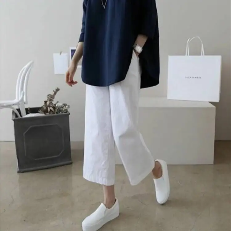 Women Linen Wide Leg Ankle Pants Summer Casual
