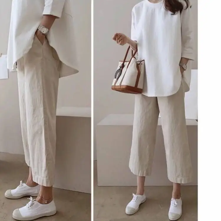 Women Linen Wide Leg Ankle Pants Summer Casual